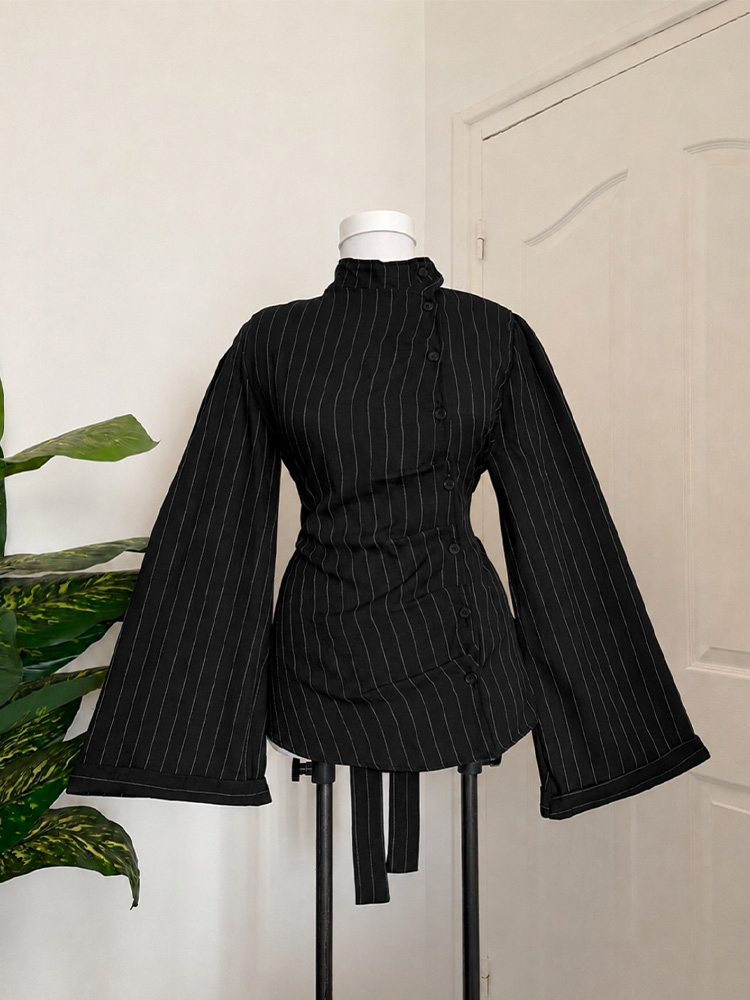 Women Fashion Necktie - Kadın Uzun Kollu Üst, Dikey Çizgili,