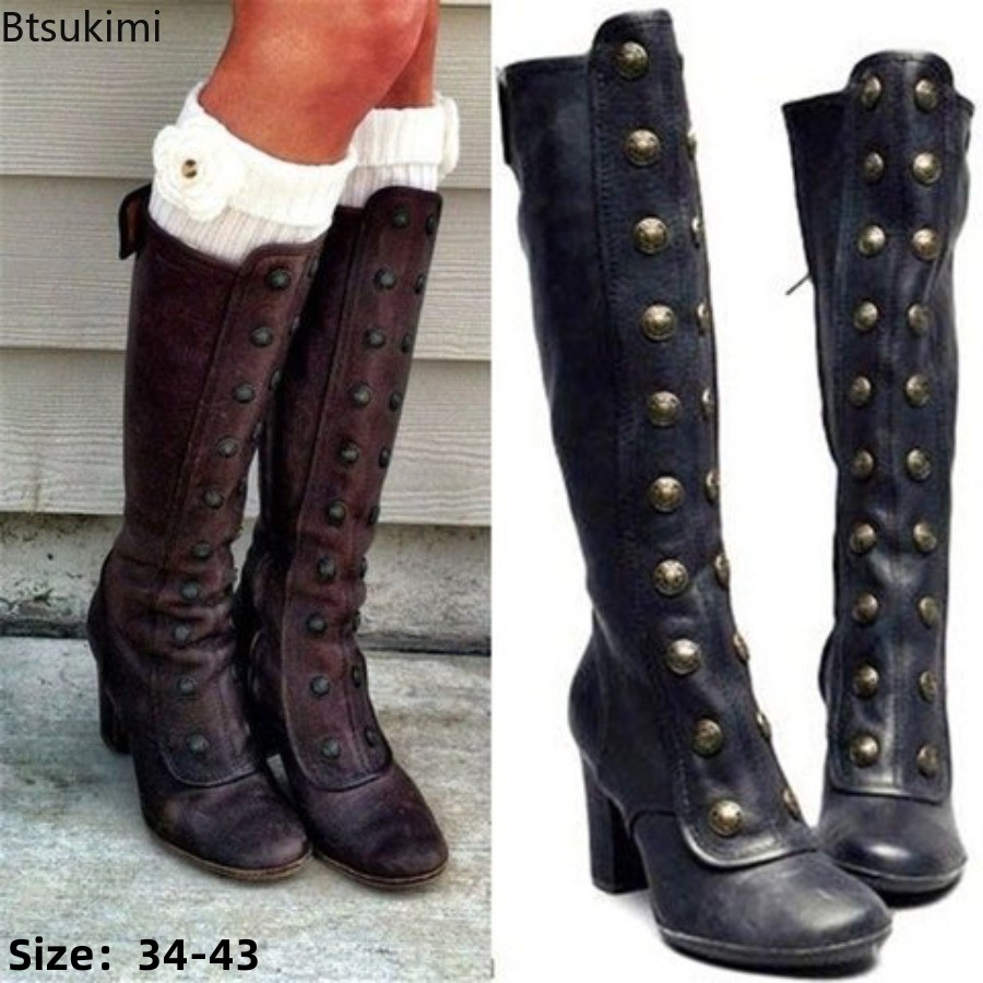 Women'S Fashion Knee High Boots - Retro Siyah Moda Perçin Detaylı Botlar