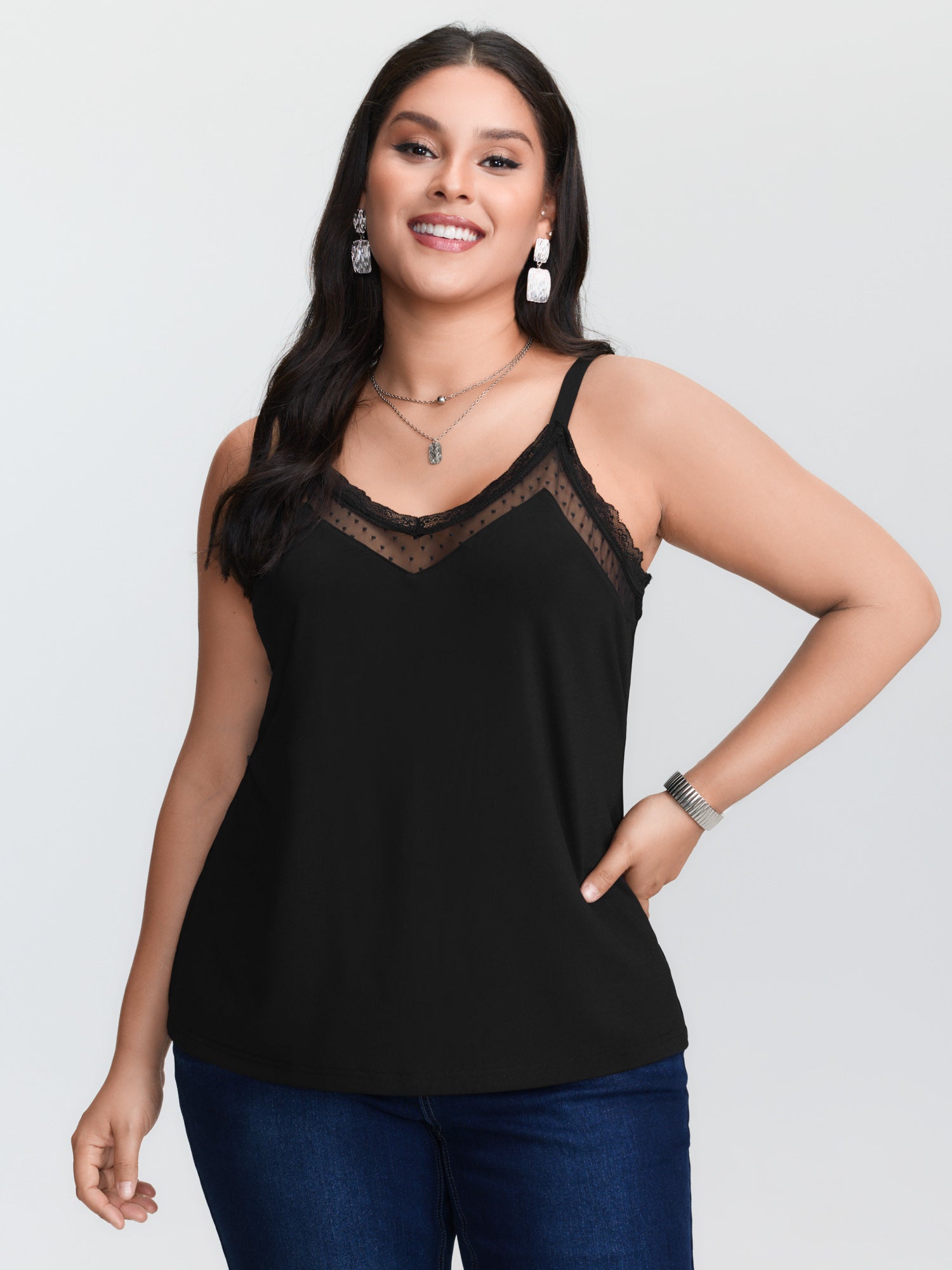 Lace Trim Cami - Büyük beden, siyah, örgü görünümlü, ince