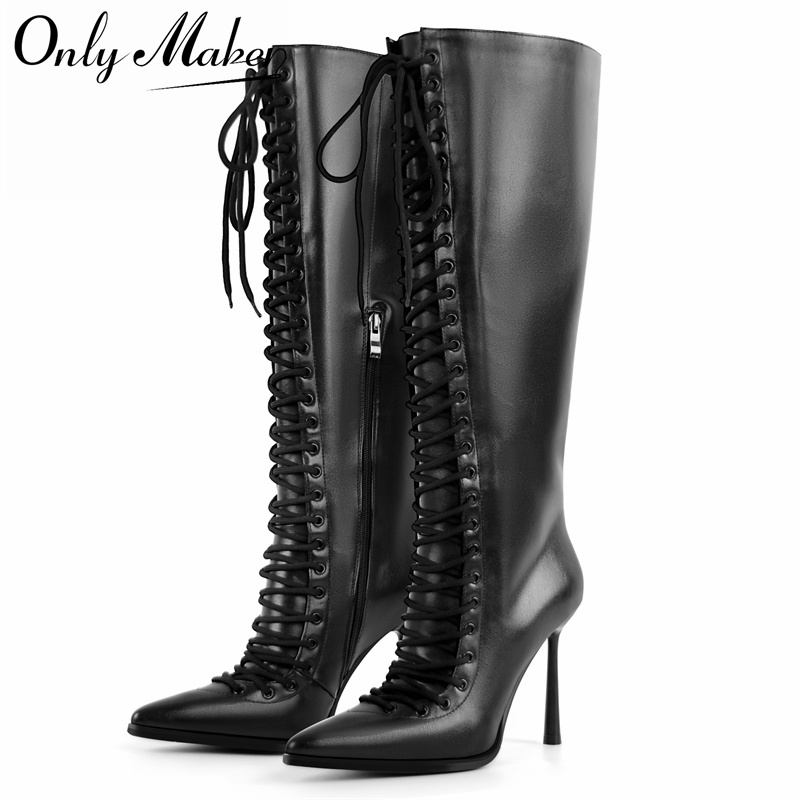 Women'S Fashion Knee High Boots - Onlymaker Sivri Burun Bağcıklı Suni Deri