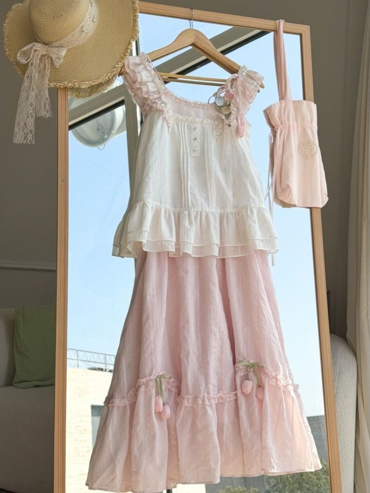 Lace Trim Cami - Tatlı Kawaii Fırfır Trim Lale Dekor