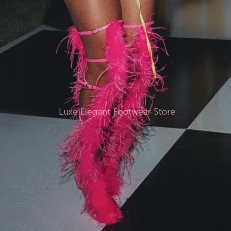 Pembe Tüylü Askılı Tokalı Bant - Women'S Fashion Knee High Boots incelemesi ve fiyatı