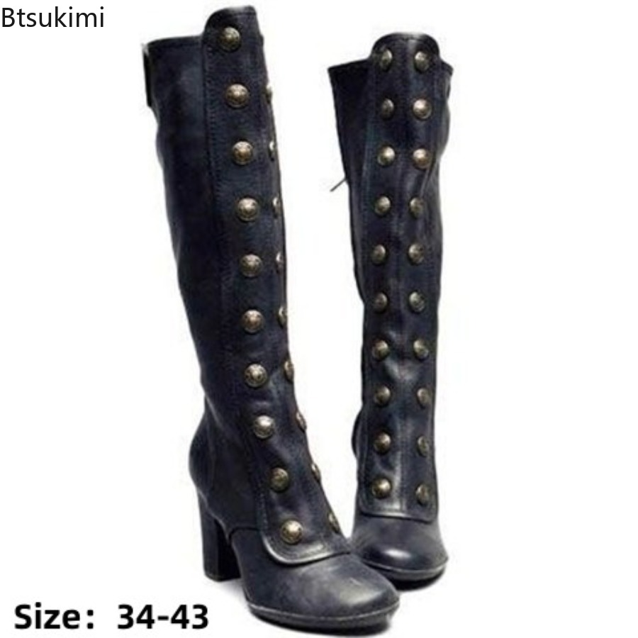 Retro Siyah Moda Perçin Detayl - Women'S Fashion Knee High Boots incelemesi ve fiyatı